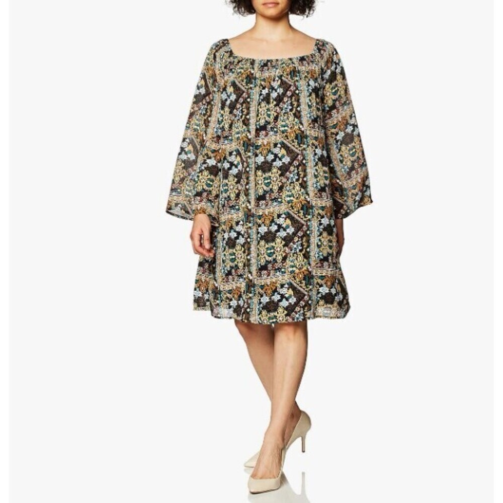 Printed Caftan Sleeve Square Neck Shift, Mosaic